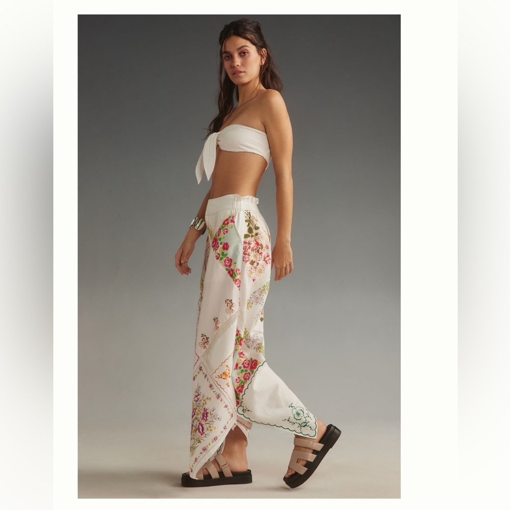 ANTHROPOLOGIE NWT PATCHWORK LINEN WIDE LEG CROP PANTS - Picture 3 of 6